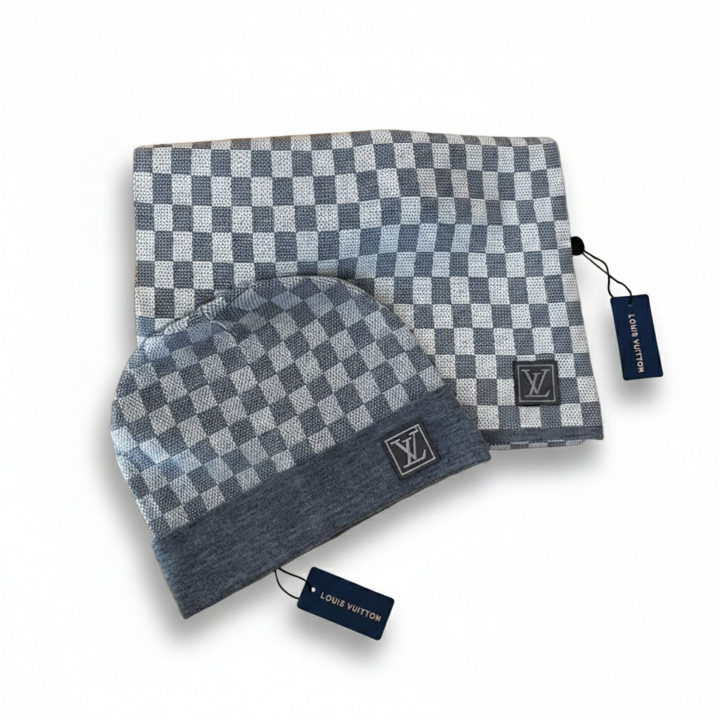 Light Grey & White Damier Beanie & Scarf Set