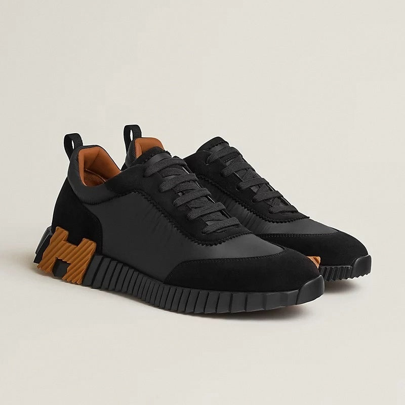 Bouncing Sneaker in Black Calfskin and Suede with Orange “H”