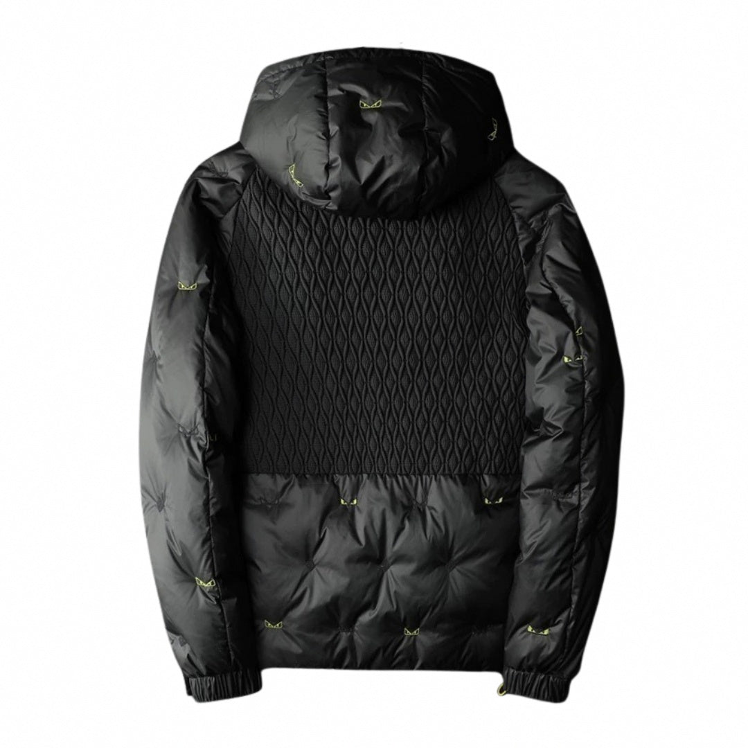 Hooded Puffer Jacket – Geometric Quilt & Monster Patch