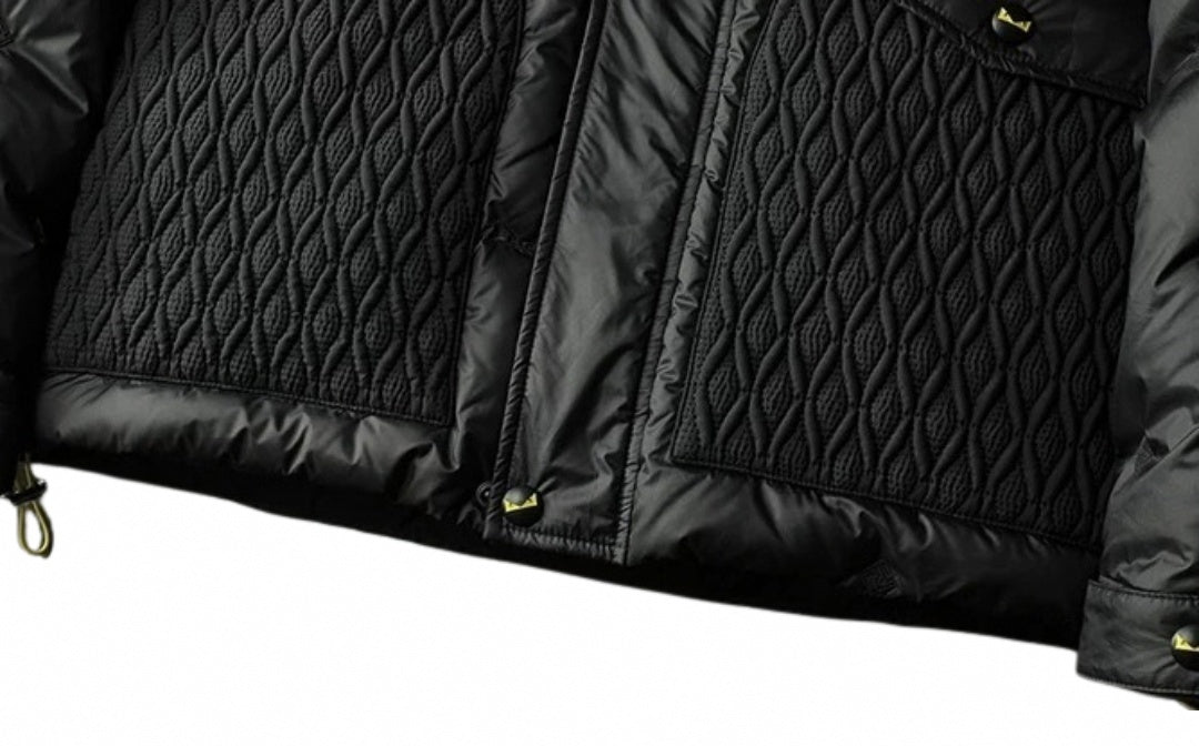 Hooded Puffer Jacket – Geometric Quilt & Monster Patch