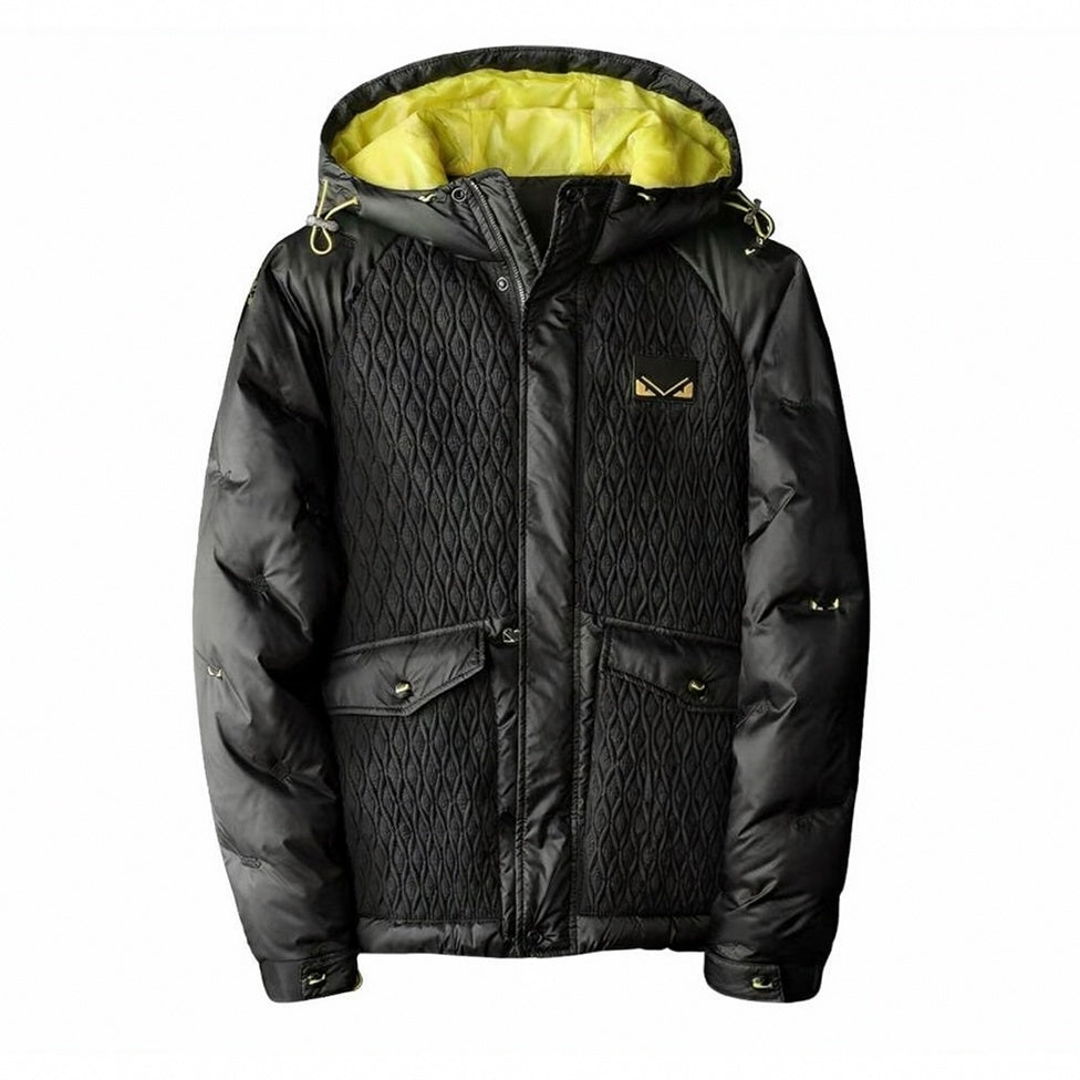 Hooded Puffer Jacket – Geometric Quilt & Monster Patch