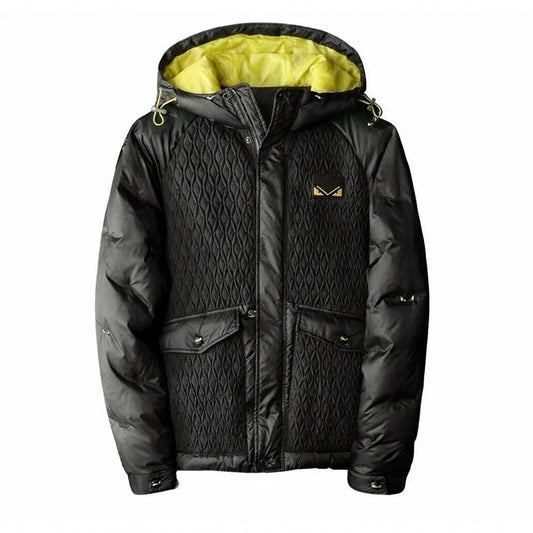 Hooded Puffer Jacket – Geometric Quilt & Monster Patch