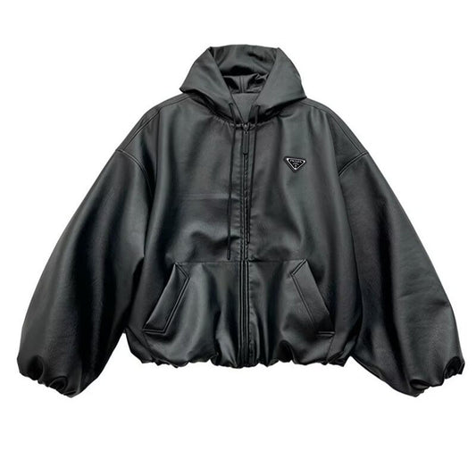 Oversized Re-Nylon Leather Hooded Jacket