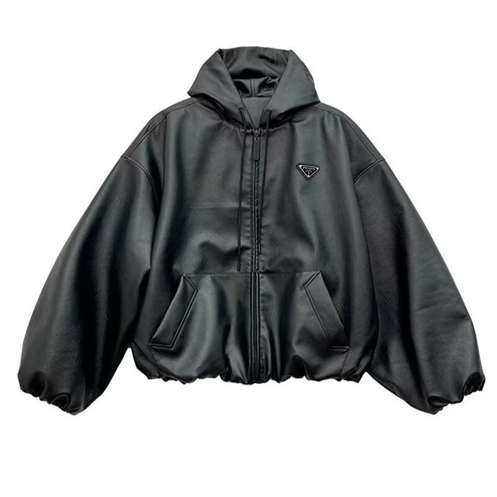 Oversized Re-Nylon Leather Hooded Jacket