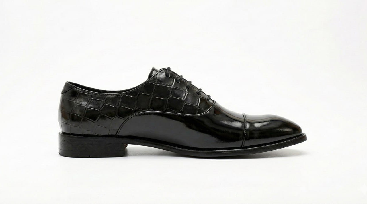 Black Patent Croc-Embossed Oxford Shoes