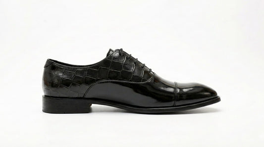 Black Patent Croc-Embossed Oxford Shoes