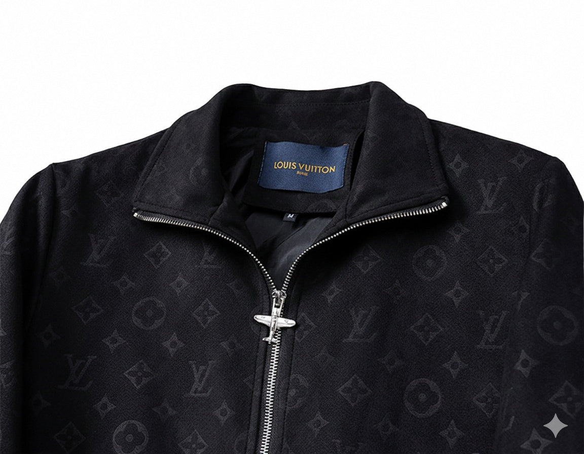Black Faux Deerskin Monogram Zip Jacket